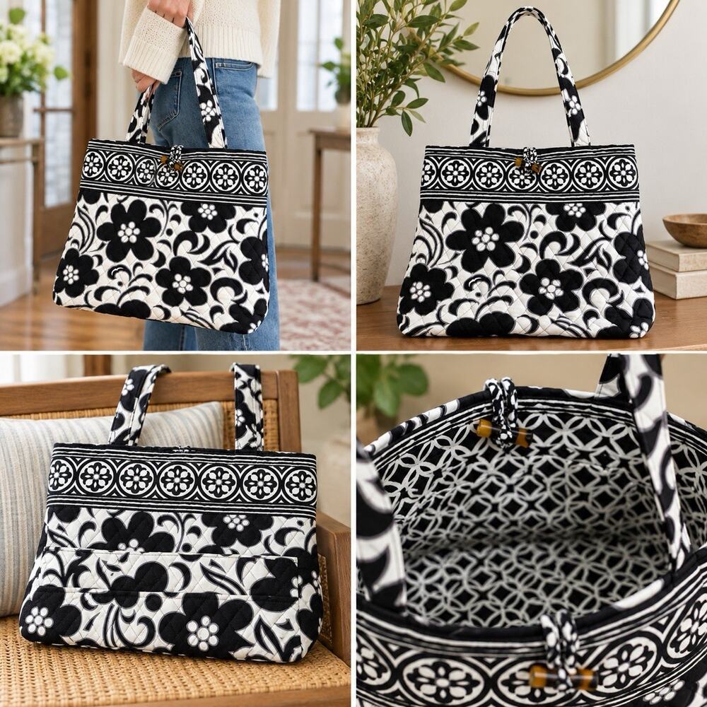Vera Bradley Night and Day Large Toggle Tote Bag Black White Floral NWOT